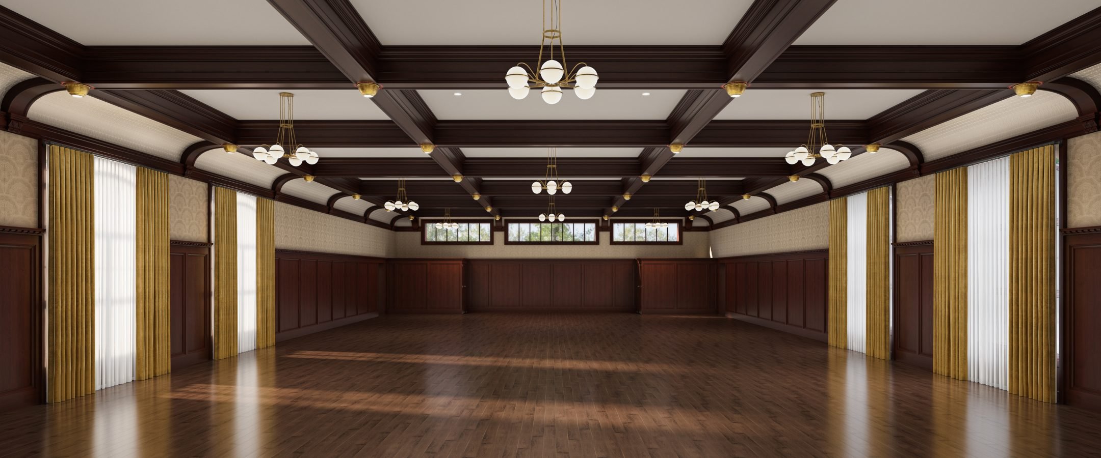 A large empty ballroom with dark wood flooring and wood ceiling beams.