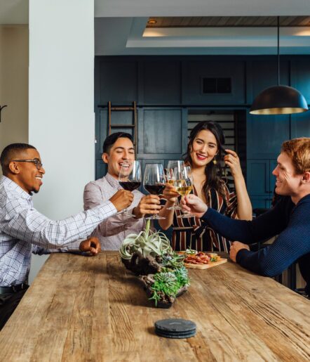 group of friends raising their wine glass in a room