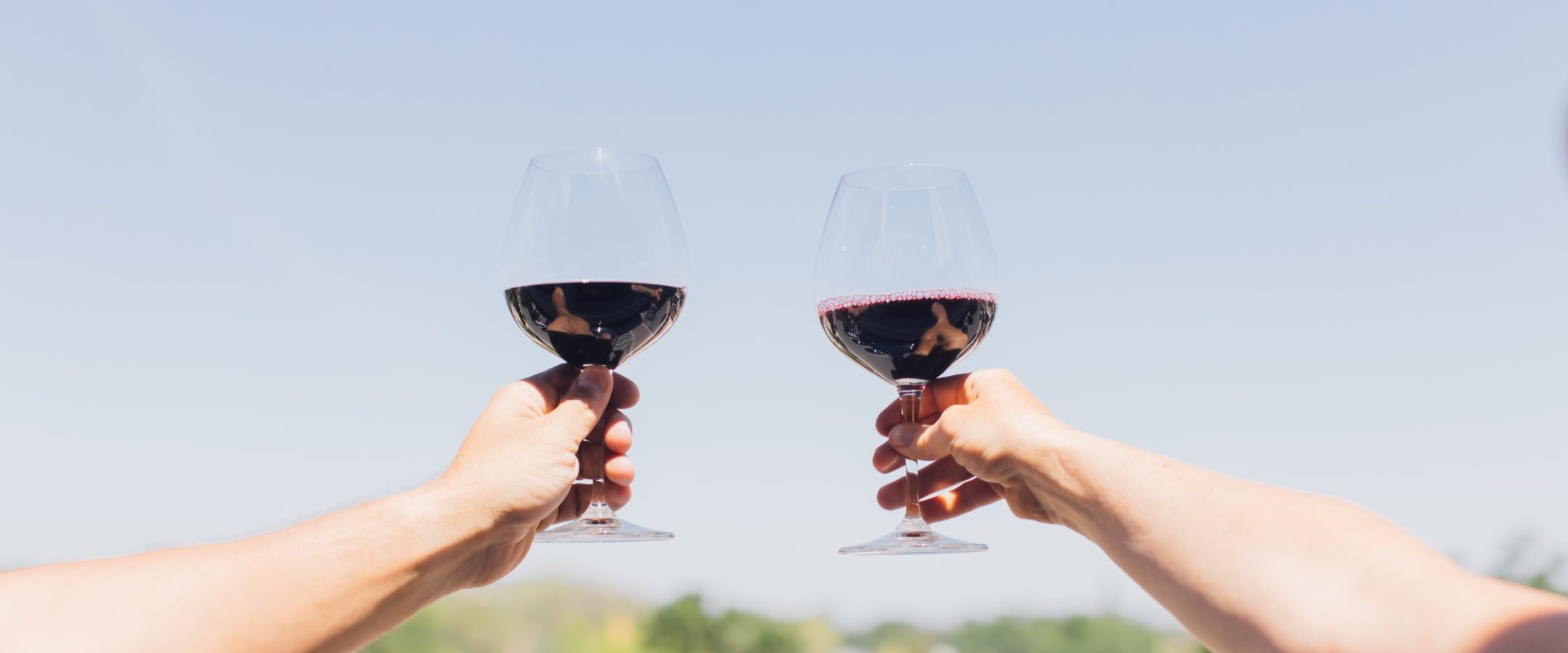 Two glasses of red wine being raise with greenery in the distance.